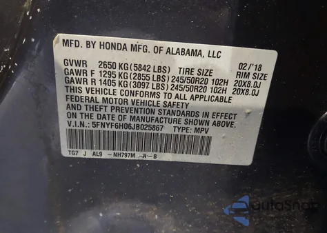 2018 Honda Pilot Elite z USA, uszkodzony, nr VIN 5FNYF6H06JB025867